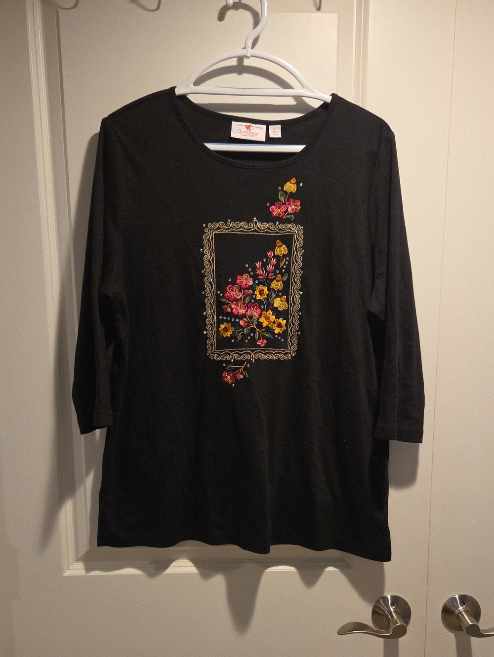 Quacker Factory  Black Long-Sleeve Top with Colorful Floral Patern